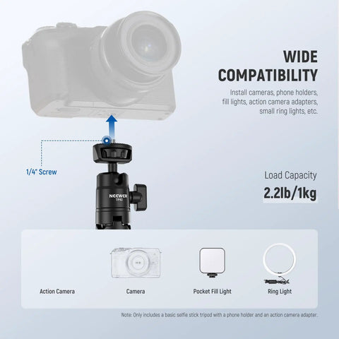 Tiny But Mighty Mini Desk Selfie Stick Tripod for iPhone GoPro Insta360 Android and Webcams with compatibility features shown