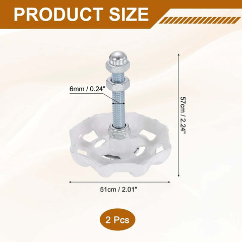 Two Pack Vintage Industrial Valve Style Cabinet Knobs In White Iron With 6mm Screws, showing product size dimensions.