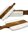 Six-pack marble and acacia wood cutting boards with handles; white marble surface with brown wood stripe.