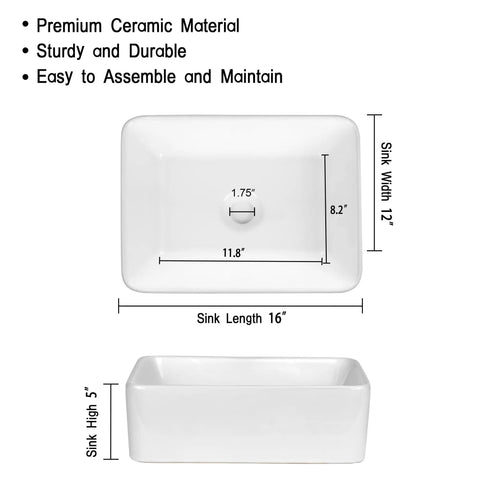 Totally Sleek Ceramic Vessel Sink For Bathrooms Rectangular Above Counter Bowl 16 X 12 Inches White Porcelain dimensions