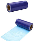 Top Shelf Heavy Duty Disposable Shoe Film Refill Rolls For Automatic Shoe Cover Dispenser Machine, blue PE film roll with unrolled sheet.