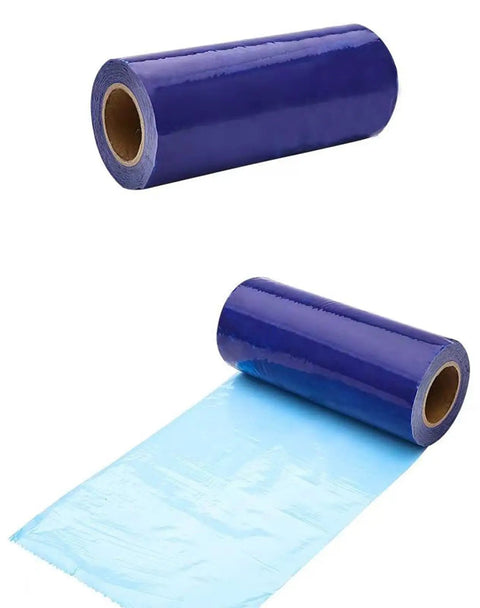 Top Shelf Heavy Duty Disposable Shoe Film Refill Rolls For Automatic Shoe Cover Dispenser Machine, blue PE film roll with unrolled sheet.