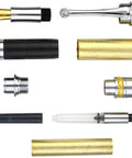 Solid Chrome And Rich Gold Majestic Fountain Pen Woodturning Hardware Kit featuring components including nib, tubes, and cartridges