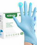 Blue Disposable Nitrile Gloves For Kitchen Cooking And BBQ, 100 Percent Food Safe, Powder Free, fits a hand with box in background.