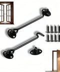 Heavy Duty 6 Inch Hook And Eye Locks 2 Pack Rock Solid Stainless Steel Barn Door Latch Rust Proof black latch with matching screws.