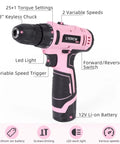 Pink 12 Volt Cordless Drill Kit With 21 Piece Driver And Drill Bit Set 25 Plus 1 Torque Settings Three Eighth Inch Keyless Chuck Dual Speed