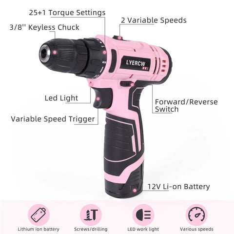 Pink 12 Volt Cordless Drill Kit With 21 Piece Driver And Drill Bit Set 25 Plus 1 Torque Settings Three Eighth Inch Keyless Chuck Dual Speed