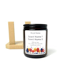 Label Application Tool For Jars And Bottles With Adjustable Height And Width Aligner Base And Two Sticking Columns Three Configurations For Aligning Drink Food And Candle Labels Made From PLA Bioplastic In USA Easy Setup And Use shown with candle jar
