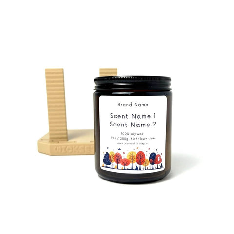 Label Application Tool For Jars And Bottles With Adjustable Height And Width Aligner Base And Two Sticking Columns Three Configurations For Aligning Drink Food And Candle Labels Made From PLA Bioplastic In USA Easy Setup And Use shown with candle jar