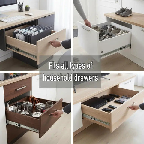 Six Pairs Of 24 Inch Drawer Slides With Soft Close And Full Extension, shown installed on various household drawers