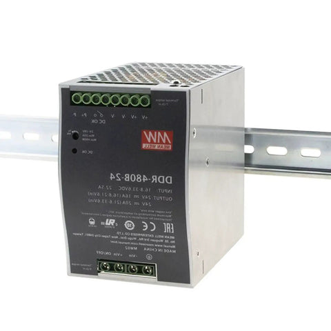 Side view of Industrial Grade 480W 24V DC-DC Converter With Wide 16.8 To 33.6V Input, mounted on DIN rail, designed for harsh environments.