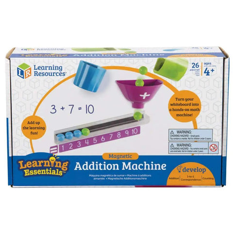 Totally Kid Approved Magnetic Addition Machine And Math Game Making Counting A Real Breeze For Preschoolers Ages 4 Plus Featuring Super Strong Magnets And 26 Sturdy Pieces box view with components and educational graphics.
