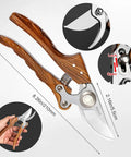Heavy Duty Pruning Shears For Go-To Garden Tasks With Adjustable Thumb Lock, Arc Blade Pruners For Tree Trimming, Flower Cutting, And Bonsai, Anti-Slip Handles, Made From Durable SK5 Steel shown with wood texture handle and size dimensions