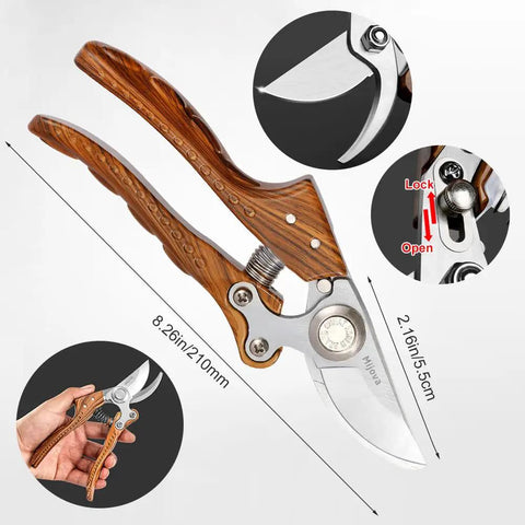 Heavy Duty Pruning Shears For Go-To Garden Tasks With Adjustable Thumb Lock, Arc Blade Pruners For Tree Trimming, Flower Cutting, And Bonsai, Anti-Slip Handles, Made From Durable SK5 Steel shown with wood texture handle and size dimensions