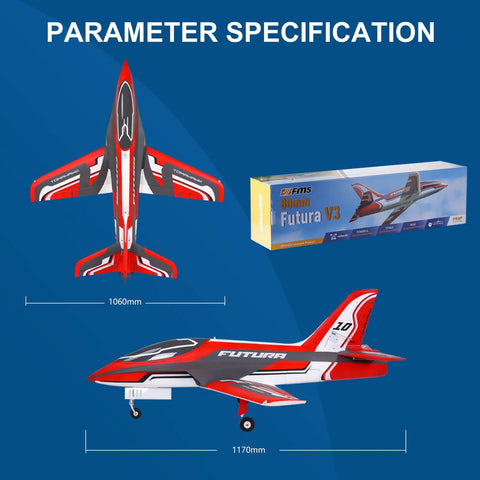 Top and side views of Rc Plane For Adults Gnarly EDF Jet With 80mm Ducted Fan, shown with box, labeled measurements in mm.