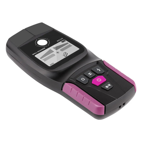 Stud Finder Wall Scanner with LCD Display for Wood, Metal, and AC Wire showing functional buttons and screen.