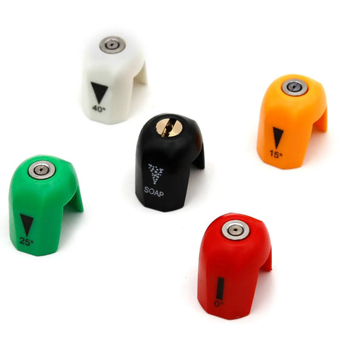 Five colorful nozzle tips for Pivoting Coupler Kit With Nozzle Tips For Pressure Washers Pro Grade 4500 PSI One Quarter Inch Quick Connect.