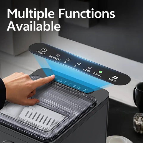 Hand adjusting control panel of Quick Bullet Ice Maker For Countertop No Fuss Cleanup Makes Fresh Cubes In Six Minutes.