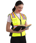 Kickass Hi Vis Safety Vest For Women Snag Free Mesh With Loud Reflective Tape Zip Closure features a woman reading in a bright yellow vest.