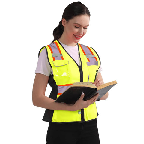 Kickass Hi Vis Safety Vest For Women Snag Free Mesh With Loud Reflective Tape Zip Closure features a woman reading in a bright yellow vest.