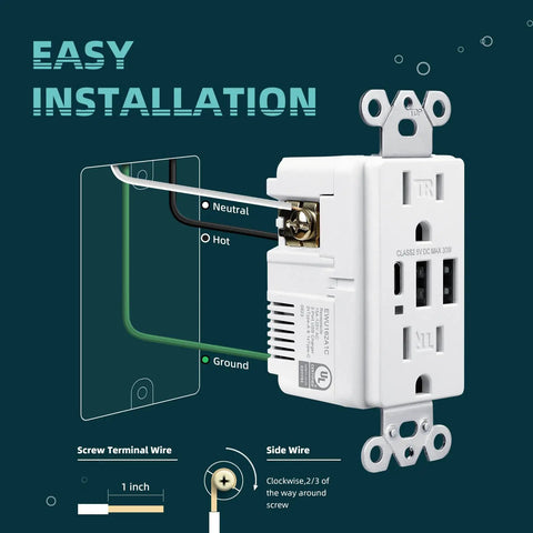 Must Have USB Wall Outlet With Type C And USB A Ports 6.0 Amp Total 30W Fast Charging 15 Amp Duplex Tamper Resistant Screwless Wall Plate Included UL FCC Listed White 2 Pack installation guide
