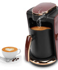 Turkish Coffee Pot Electric Turkish Coffee Maker 550W 250ML Tea Warmer with cup and spoon, black and brown plastic design.