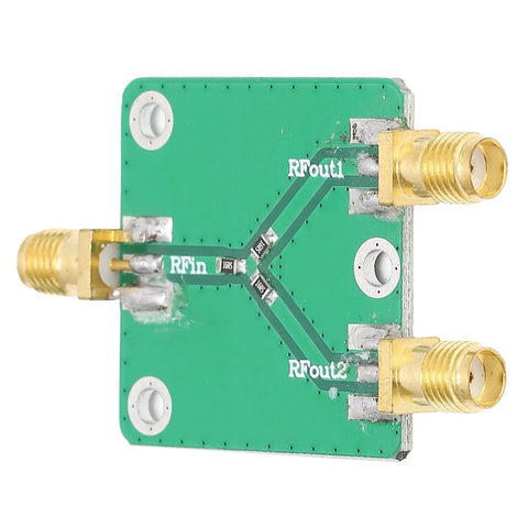 Built To Last Two Way RF Power Splitter PCB Board DC To Five Gigahertz Frequency Range with gold connectors and RF pathways.