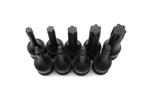 Nine Piece Torx Plus Six Point Impact Socket Set Three Inch Long Sockets One Half Inch Square Drive Drop Forged Black CRMO