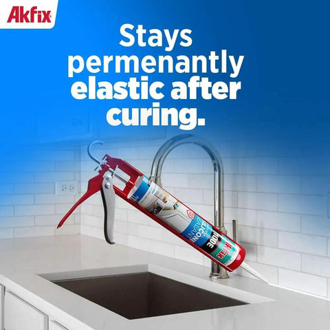 White Silicone Caulk Sealant For Kitchen And Bath 100 Percent Waterproof RTV Gap Filler, shown near a kitchen sink faucet.