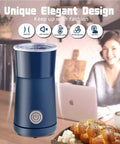 Two In One Milk Frother And Steamer, Quiet Electric Milk Warmer For Hot Foam And Steamed Milk, No Fuss At Home Cafe Barista, Fast Two To Three Minute Foam For Lattes Cappuccinos Macchiatos, Blue in a kitchen setting.