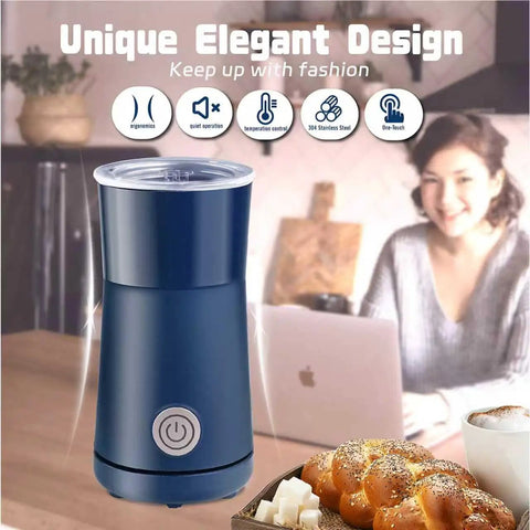 Two In One Milk Frother And Steamer, Quiet Electric Milk Warmer For Hot Foam And Steamed Milk, No Fuss At Home Cafe Barista, Fast Two To Three Minute Foam For Lattes Cappuccinos Macchiatos, Blue in a kitchen setting.