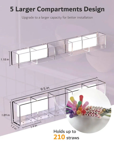 Slick 9.5 Inch Acrylic Straw Organizer Clips Securely To Cabinet Doors With Extra Grippy Adhesive Strips Features sloped drainage base for 210 straws