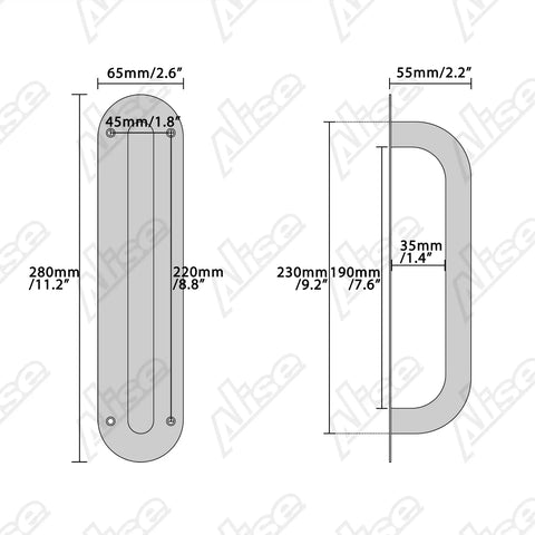 Dimensions diagram of 11 Inch Stainless Steel Gate Handle With Matte Black Finish, Easy Push Pull Plate For Outdoor Gates, Fences, Garage, Fire Doors And French Doors, Durable Door Handle LS8280-B.