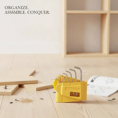 Rock Solid Nine Piece Hex Key Wrench Kit Pack With Durable Soft Lock PVC Case For Easy Furniture Assembly And Home Repairs Keep Your Tools Organized Securely, yellow PVC case with hex keys on wood floor