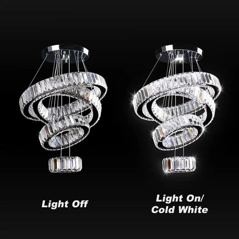 Four Ring LED Crystal Chandelier With Adjustable Ring Sizes, Sleek Stainless Steel Modern Ceiling Light, Cool White 6500K