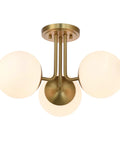 Three Light Aged Brass Semi Flush Mount Ceiling Light Fixture With White Globe Glass, Modern Sputnik Farmhouse Chandelier