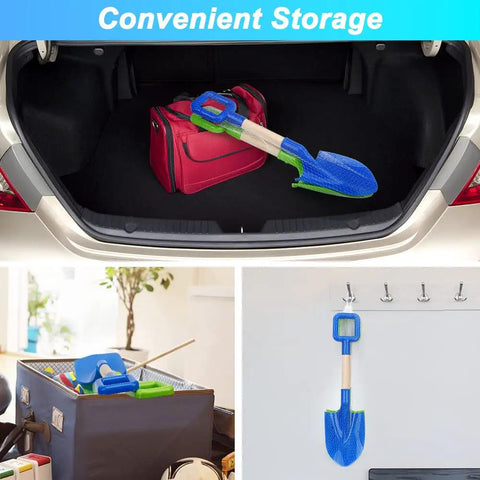 Beast Beach Sand Shovels For Kids And Adults, 16 Inch wooden-handled spades stored in car, bag, and hung, durable plastic digging tools.
