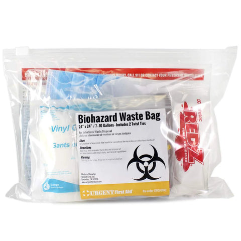 22-piece bodily-fluid cleanup kit in a clear zip bag containing biohazard waste bag and blue vinyl gloves