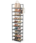 Tall Ten Tier Shoe Rack Holds Twenty Five Pairs Narrow Boot Organizer With Hook Hangers Sturdy Entryway Storage Shelf Slick Black Design with shoes and bag.
