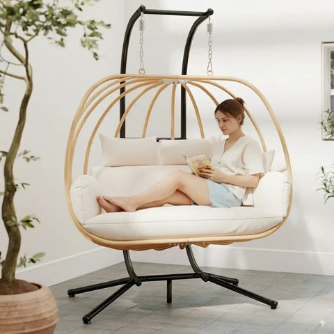 Oversized Two Person Egg Swing Chair With Stand Cozy Cushions Beige Outdoor Indoor Swing Chair For Balcony Porch Garden Patio Hangout Weather Resistant Frame And Removable Cushions