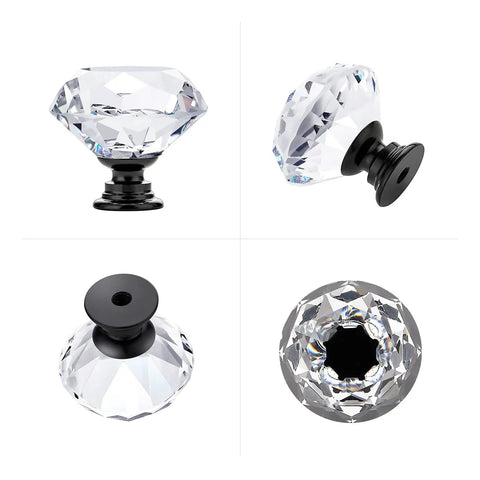 Premium Crystal Cabinet Drawer Knobs With Matte Black Zinc Base Thirty Millimeter Handle Built Tough For Easy Kitchen Refreshes And Furniture Revamps Five Piece Bundle, diamond shaped glass pulls, set of 5.