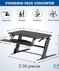 36 Inch Wide Standing Desk Converter For Dual Monitors Sit To Stand Workstation Height Adjustable Up To 17.3 Inches With Large Keyboard Tray Black Easy Install Ergonomic Durable Pro Grade, showing dimensions and features in infographic.