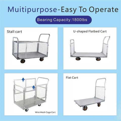6 In 1 Platform Cart With Removable Cage Heavy Duty Folding Flatbed Lift Cart For Warehouse Grocery And Storage 1800 Lb Capacity with wire cage