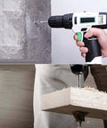Heavy Duty Cordless Lithium Hammer Drill Impact Driver Kit With 25 Plus One Torque Settings Variable Speed Trigger Grip in use on concrete and wood.
