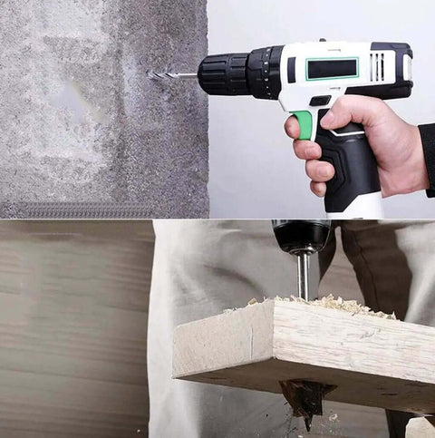 Heavy Duty Cordless Lithium Hammer Drill Impact Driver Kit With 25 Plus One Torque Settings Variable Speed Trigger Grip in use on concrete and wood.