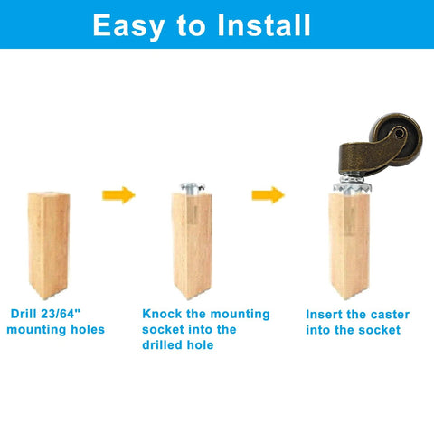 Installation guide for Antique Brass 1 Inch Swivel Stem Ball Caster Wheel Set For Furniture And Desks with mounting sockets.