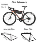 Waterproof Bike Frame Bag Under Top Tube Triangle Pouch on road bike with size comparison to mountain bike.