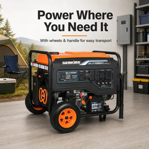 8000 Watt Gas Or Propane Dual Fuel Portable Generator With Electric Start For Home Backup And RV Use beside a tent