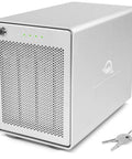 Rock Solid 10Gb Usb C Raid Storage Enclosure in silver, featuring ventilation, LEDs, and a key for security.