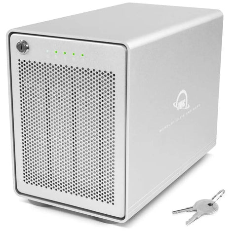 Rock Solid 10Gb Usb C Raid Storage Enclosure in silver, featuring ventilation, LEDs, and a key for security.